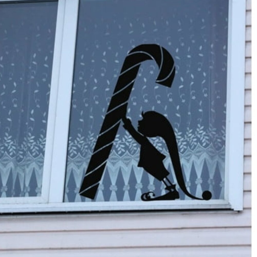 Reusable Christmas Elf Large Candy Cane Window Cling silhouette Decal